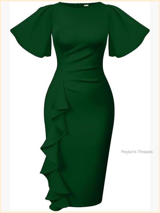 Dresses & Skirts - Ruffle Sleeve Ruched Bodycon Midi Pencil Dress